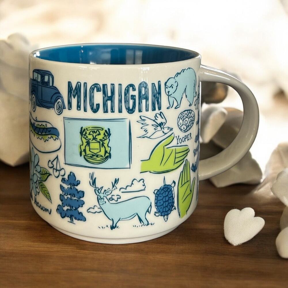 Starbucks Been There Series Michigan 14oz Coffee Mug Cup Across The Globe EUC
